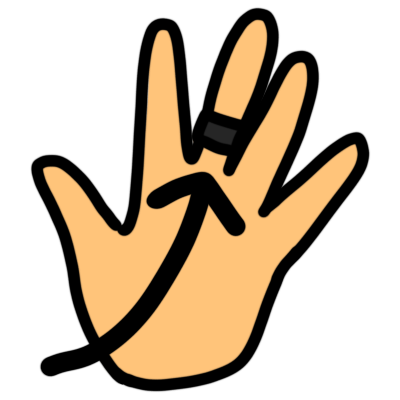 a yellow hand with a black ring on the middle finger. an arrow points to the ring